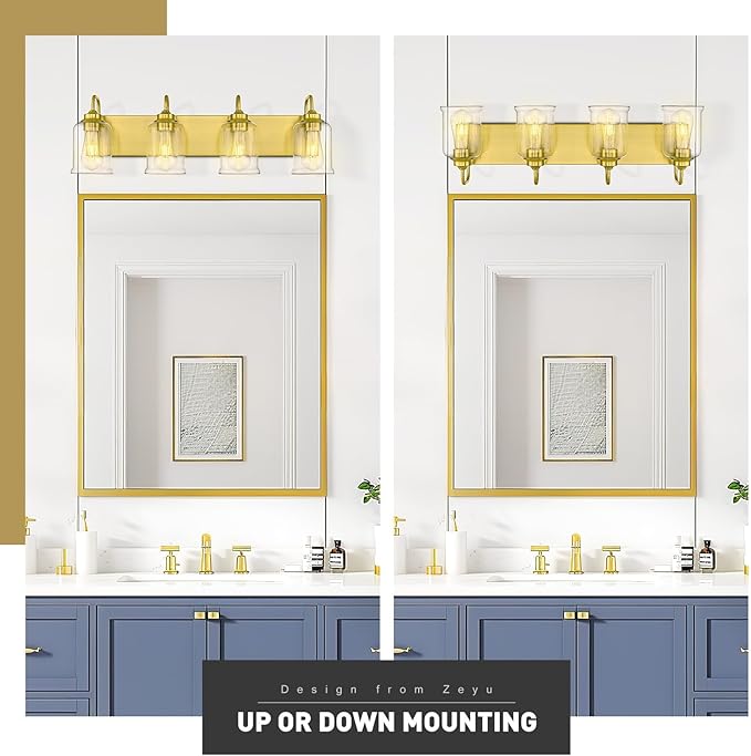 zeyu 4-Light Brushed Gold Vanity Light, Modern Wall Sconces for Mirror Kitchen Bedroom, Bathroom Wall Lights with Clear Glass Shade, ZSL72B-4W BG