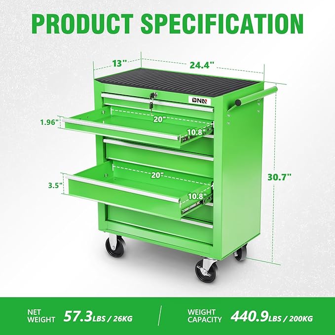 DNA MOTORING 7-Drawer Rolling Tools Chest, Rolling Tool Storage Cabinet, Heavy Duty Mechanic Tool Cart, Trolley Organizer for Garage, Warehouse, Workshop, Green, TOOLS-00399