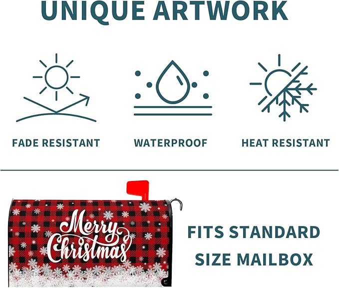 Kawani Merry Christmas Mailbox Cover Winter Snowflake Red Black Buffalo Plaid Christmas Decorative Mailbox Cover Magnetic Standard Size 21x18 Inch Xmas Post Box Cover Wraps for Garden Yard Decor