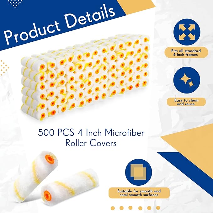 Leumoi 500 Pcs 4 Inch Paint Roller Mini Rollers Covers 1/2" Nap Microfiber Roll Covers Bulk, Small Home Repair Tools Refills House Painting Supplies Household for DIY(Yellow)