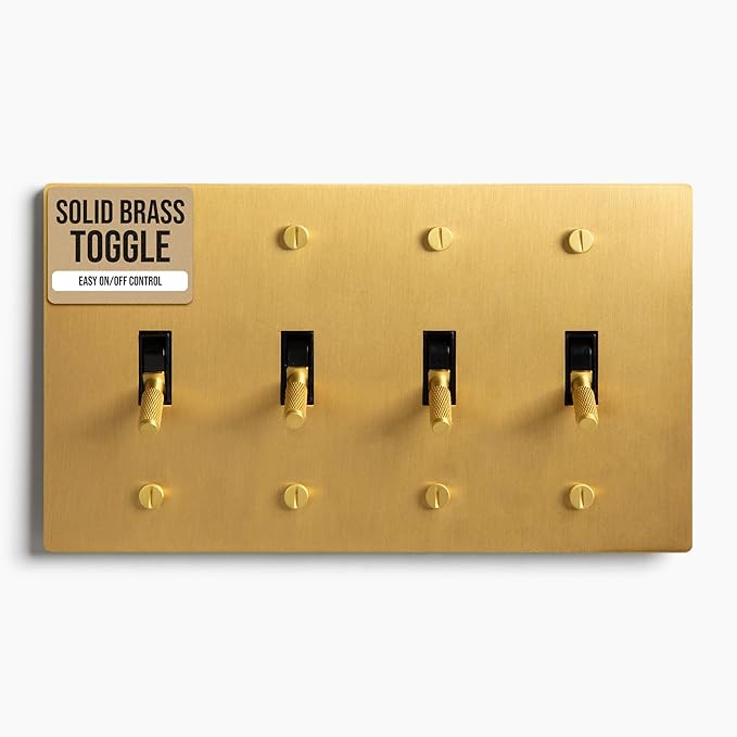 4-Gang Satin Solid Brass Plated Toggle Switch, 15A 120V AC Wall Mount, 3-Way Compatible Vintage Style Single Pole with Faceplate & Switch Module