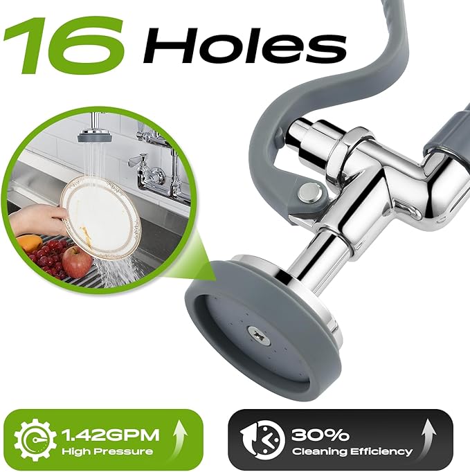 Commercial Sink Faucet with Sprayer 21" Height, 8 Inch Center Wall Mount Kitchen Sink Faucet with Down Pre-Rinse Sprayer and 8" Add-on Swing Spout