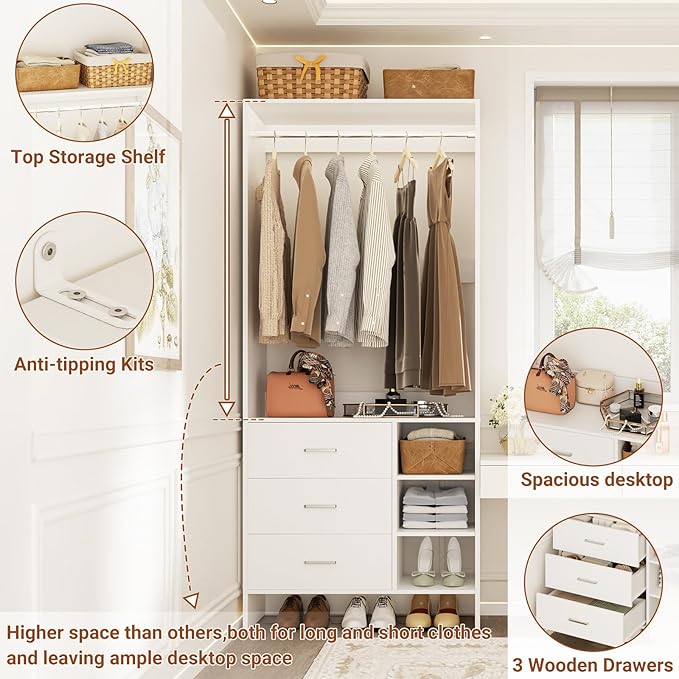 Aheaplus 2.5FT Closet System with 3 Drawers, 29.5’’ Closet Organizer, Wood Closet Organizer System, Walk-in Closet or Small Closets Wardrobe, Clothes Rack with Hanging Rods,-E6, White