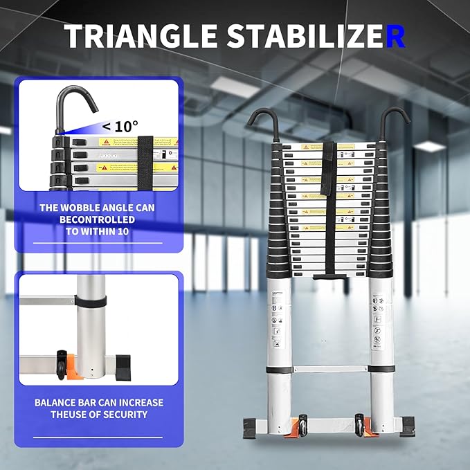 JADDUO Telescoping Ladder,26.2 FT Extension Ladder,Aluminum Lightweight Telescopic Ladder with 2 Triangle Stabilizers, Telescoping Attic Ladders RV Ladders for Travel