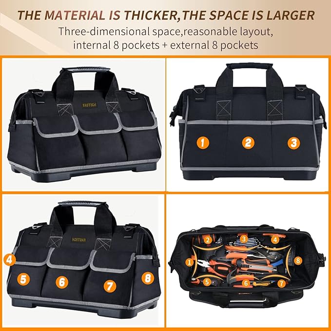 FASTECH 22-inch Wide Mouth Tool Bag with Water Proof Molded Base, Waterproof Tool Organizer Bag for Men with Adjustable Shoulder Strap (22INCH)