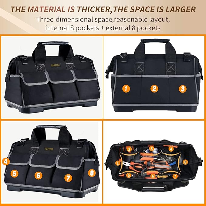 FASTECH 20-inch Wide Mouth Tool Bag with Water Proof Molded Base, Waterproof Tool Organizer Bag for Men with Adjustable Shoulder Strap (20INCH)