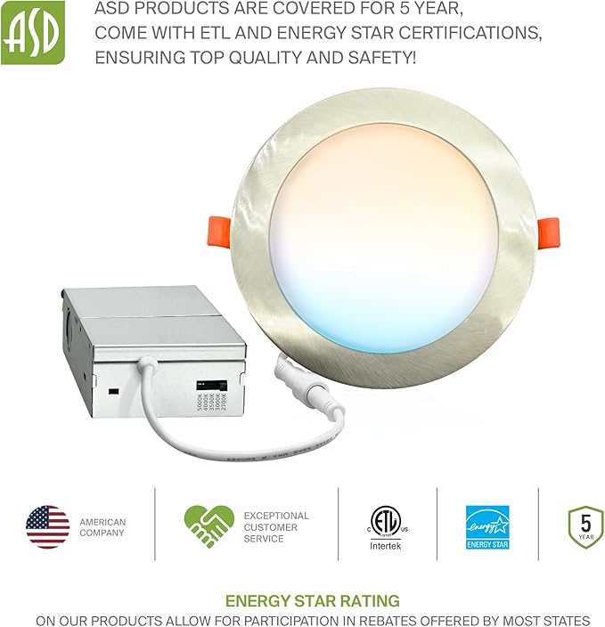 ASD 6 Pack LED Recessed Lighting 6 Inch 12W, 5 CCT 2700K-5000K CRI90+, IC Rated Ultra Thin Dimmable Ceiling Lights with J Box, Canless Wafer Downlight, Round Slim Panel Light, Energy Star ETL, Nickel