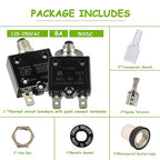 8A Manual Reset Push Button Circuit Breaker 125/250V AC 50V DC Thermal Overload Protector with Quick Connect Terminals and Waterproof Button Caps Assortment Kit(Pack of 1 pcs)