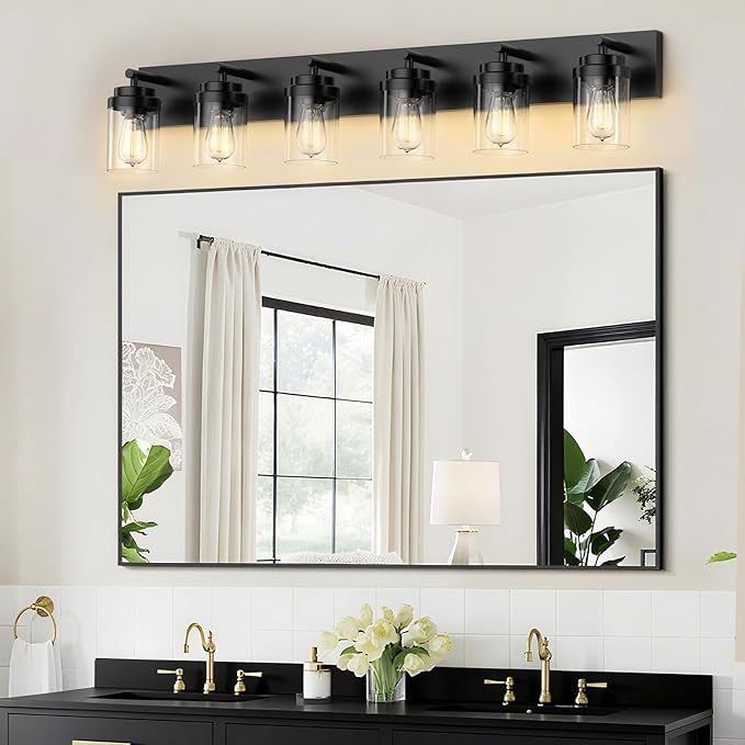 IZORRO Bathroom Vanity Light Fixture, 6-Light 43 Inch Matte Black Bathroom Light Fixtures Over Mirror, with Clear Glass Shade, Modern Farmhouse Vanity Lights, Rustic Restroom Lighting Fixtures