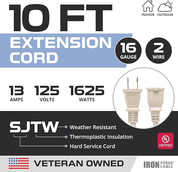 Iron Forge Cable 2 Prong Extension Cord 10 ft - 16 Gauge 13 Amp Heavy Duty Outdoor 2 Prong Power Cord - SJTW - Great for Landscaping, Deck, Outdoor Lights - Tan