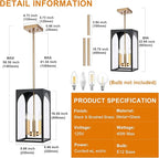 VINLUZ 3 Lights Outdoor Pendant Light Fixture in Black and Brushed Brass Finish, Classic Indoor Outdoor Hanging Lantern Lighting with Clear Glass Shade for Porch Entryway Hallway