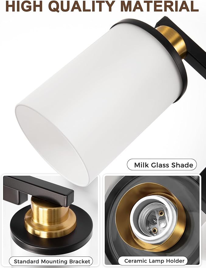 DORESshop 4-Light Black and Gold Bathroom Light Fixtures Over Mirror with Milk Glass Shade, Modern Vanity Lights, ETL Listed