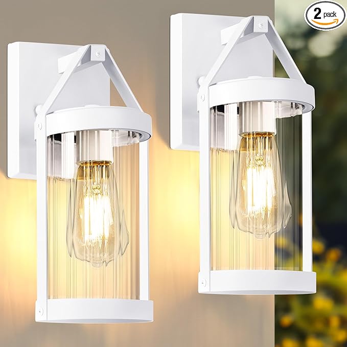 2-Pack Outdoor Light Fixtures Wall Mount, Waterproof Exterior Wall Lantern Front Porch Lights, Modern White Sconce Lighting with Clear Ribbed Glass, Outside Lights for House, Patio, Bulbs Not Included
