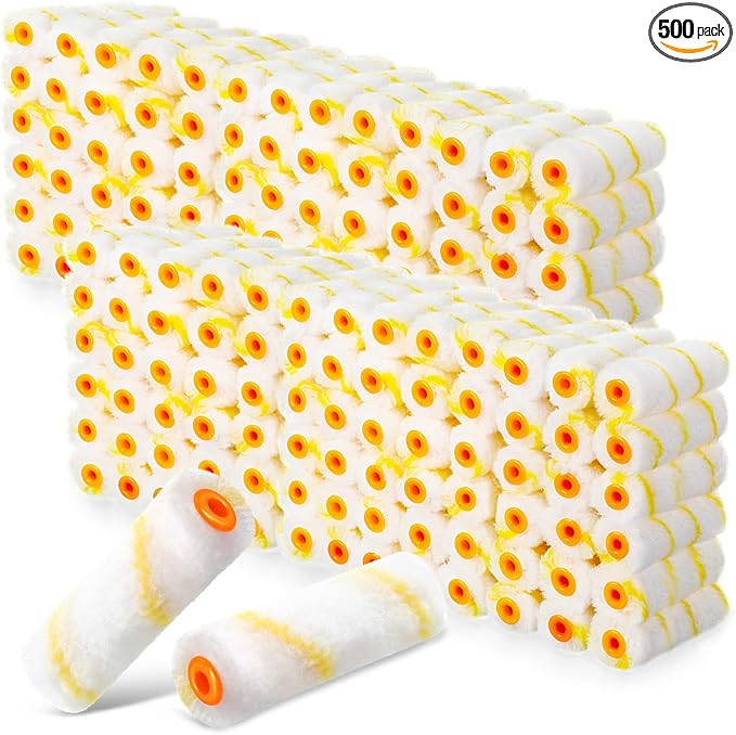 Leumoi 500 Pcs 4 Inch Paint Roller Mini Rollers Covers 1/2" Nap Microfiber Roll Covers Bulk, Small Home Repair Tools Refills House Painting Supplies Household for DIY(Yellow)