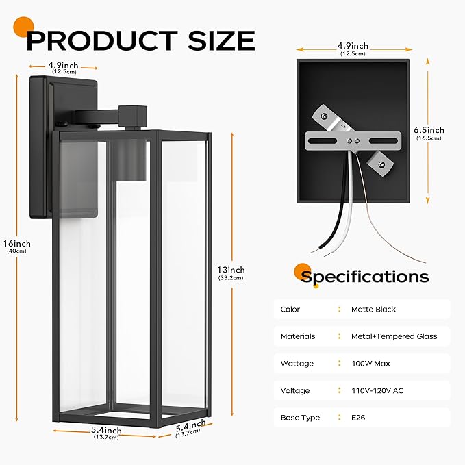 WIHTU 16in Outdoor Light Fixture Wall Mount, LED Exterior Lighting fixtures for Outside, Front Porch Lights, Waterproof Wall Sconce Lantern Lamp, Black Coach Lights for House, Patio, Garage, Doorway