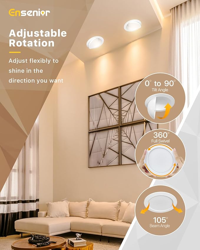 Ensenior 12 Pack 6 inch Gimbal Led Recessed Lighting, 90° Rotatable and 5CCT Selectable, Dimmable Eyeball Recessed Lights, Canless Angled Adjustable Ceiling Downlight, 1200LM, 12W=115W-FCC Certified