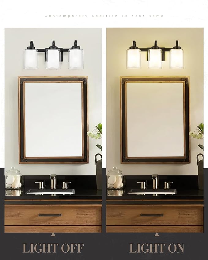 TENGXIN 3-Light Bathroom Vanity Light, Black Vanity Light Over Mirror, Farmhouse Wall Sconces with Dual Glass Shade, Modern Wall Lamp for Bedroom Hallway Living Room Cabinet