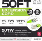 Iron Forge Cable Weatherproof 50 Ft Outdoor Extension Cord - 12/3 SJTW 15 Amp Heavy Duty Light Green High Visibility Cable with 3 Prong - Lighted End