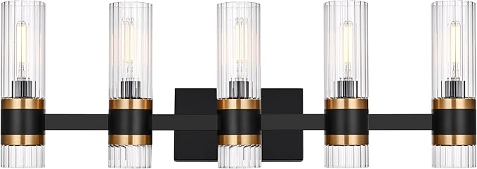 MELUCEE 5-Light Bathroom Lights Over Mirror in Black Finish, Farmhouse Vanity Lights with Ribbed Clear Glass Shade Indoor Metal Wall Light Fixtures for Kitchen Powder Room Foyer, E12 Base