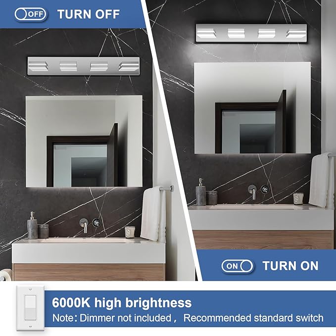 Modern LED Bathroom Lights Fixtures(4-Light),Metal Chrome Acrylic Wall Lighting,Vanity Lights for Bathroom Over Mirror(6000k 27In