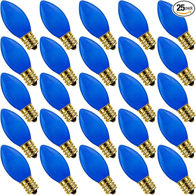 25 Pack C9 Ceramic Christmas Replacment Bulbs, Blue Light Bulbs for E17 Candelabra Base Outdoor/Indoor Christmas String Lights, 7 Watt