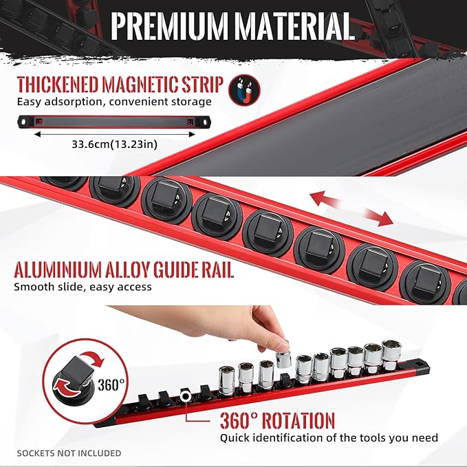 Magnetic Socket Organizer, 6-Piece Heavty Duty Aluminum Socket Holder, Socket Rail for Tool Box, Premium Quality 360° Swivel Socket Rack Kit with 80 Clips for 1/2, 3/8, 1/4-Inch(Red&Black)