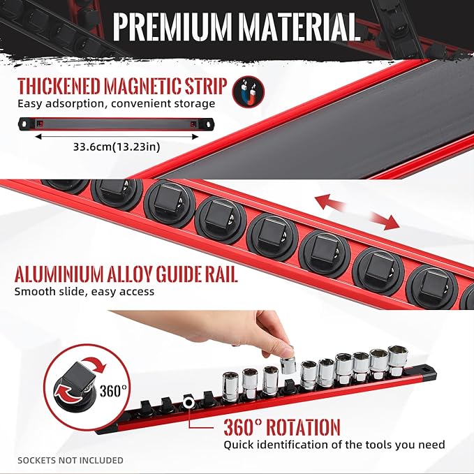 Magnetic Socket Organizer, 6-Piece Heavty Duty Aluminum Socket Holder, Socket Rail for Tool Box, Premium Quality 360° Swivel Socket Rack with 80 Clips for 1/2, 3/8, 1/4-Inch(Red&Green)