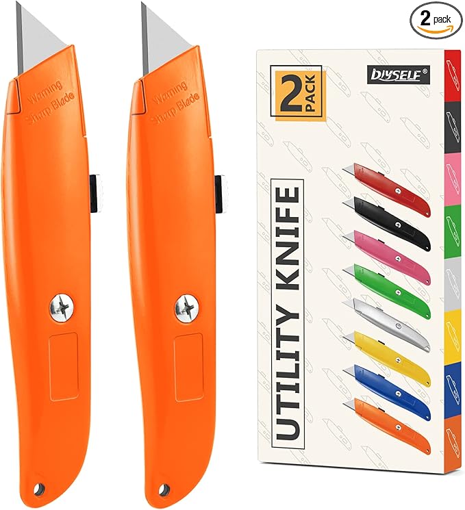 DIYSELF 2Pack Utility Knife Box Cutter Retractable Blade Heavy Duty (Orange)