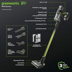 Greenworks 24V Brushless Cordless Stick Vacuum, Lightweight, Handheld, Pet, Anti-Allergen HEPA Filtration, Hard Floor, Carpet, Car, 4Ah Battery, and 30-Minute Charge Time (Green)