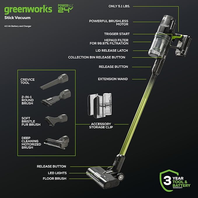 Greenworks 24V Brushless Cordless Stick Vacuum, Lightweight, Handheld, Pet, Anti-Allergen HEPA Filtration, Hard Floor, Carpet, Car, 4Ah Battery, and 30-Minute Charge Time (Green)