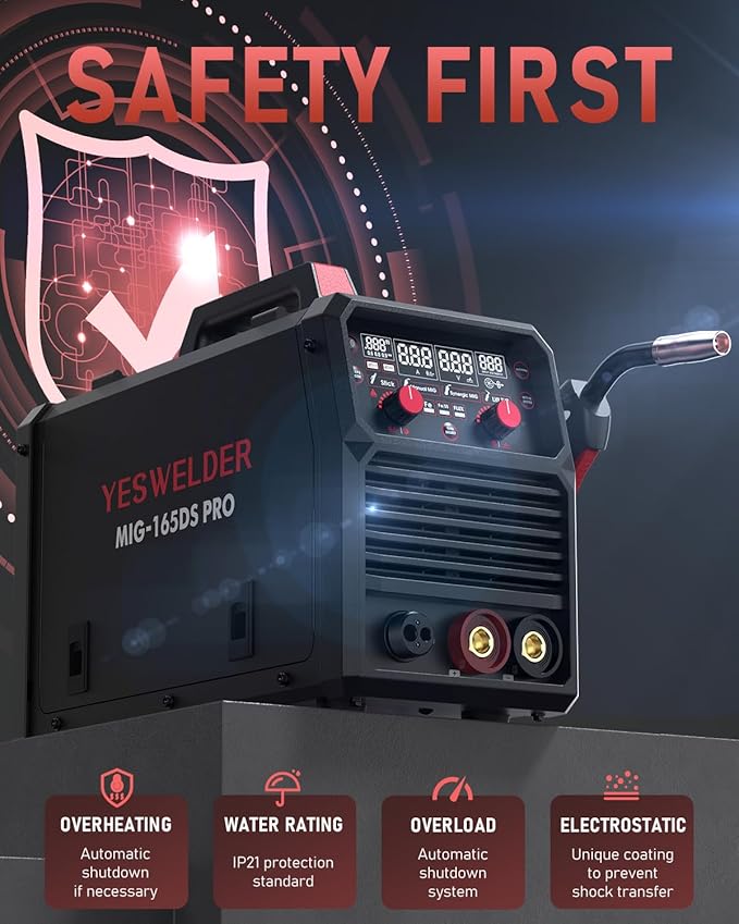 YESWELDER 165A MIG Welder, Flux Core MIG/Gas MIG/Lift TIG/Stick 4 in 1 Multi-process Welding Machine, LED Digital Display Synergic Control 110V/220V Dual Voltage MIG-165DS PRO