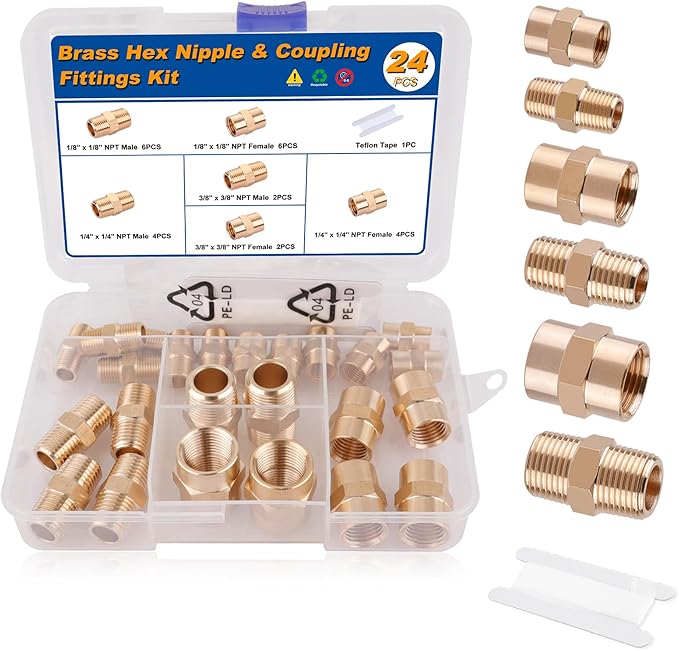KOOTANS 24PCS Brass Pipe Fittings Brass Hex Nipple Hex Coupling Kit 1/8" to 1/8" NPT, 1/4" to 1/4" NPT, 3/8" to 3/8" NPT Male to Male Female to Female Adapter Pipe Fitting Connector