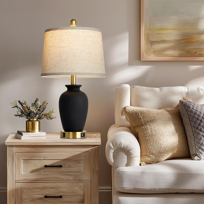 23" Set of 2 Black Ceramic Farmhouse Table Lamp with Ginger Jar Design, Bedside USB Lamps for Living Room,Dining Room,Bedroom,Office,Nightstand,End Table
