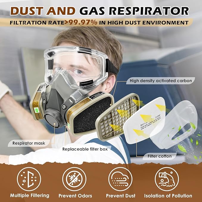 Respirator Mask with Filters, Reusable Half Face Respirator Mask for Asbestos, Resin, Fume, Dust, Welding, Painting