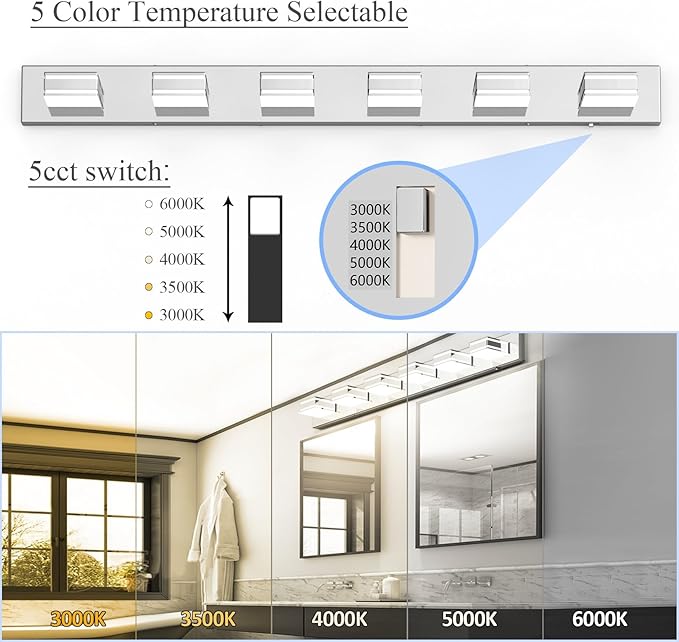 Ralbay 48inch Chrome Vanity Light for Bathroom with 5 Color Temperatures (3000K-6000K) Dimmable Stainless Steel Acrylic LED Modern Chrome Bathroom Light Fixtures (6-Light)