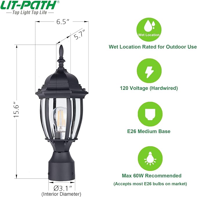 LIT-PaTH Outdoor Post Lighting Fixture Pole Lantern, E26 Medium Base Max 60W, Aluminum Housing Plus Glass, Matte Black Finish, 1-Pack