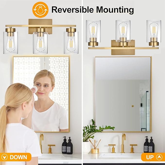 3-Light Bathroom Vanity Light, Modern Brushed Gold Wall Lights with Clear Glass Shades, Bathroom Wall Sconce Lamp for Mirror Living Room Bedroom Hallway
