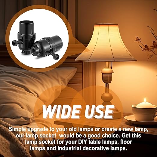 6 Pcs 3 Way Lamp Socket Replacement, UL Listed, E26 Medium Base, Turn Switch Knob for Low-Medium-High Light Settings Light Socket Lamp Parts for Repair Table and Floor Lamps DIY Project, Black