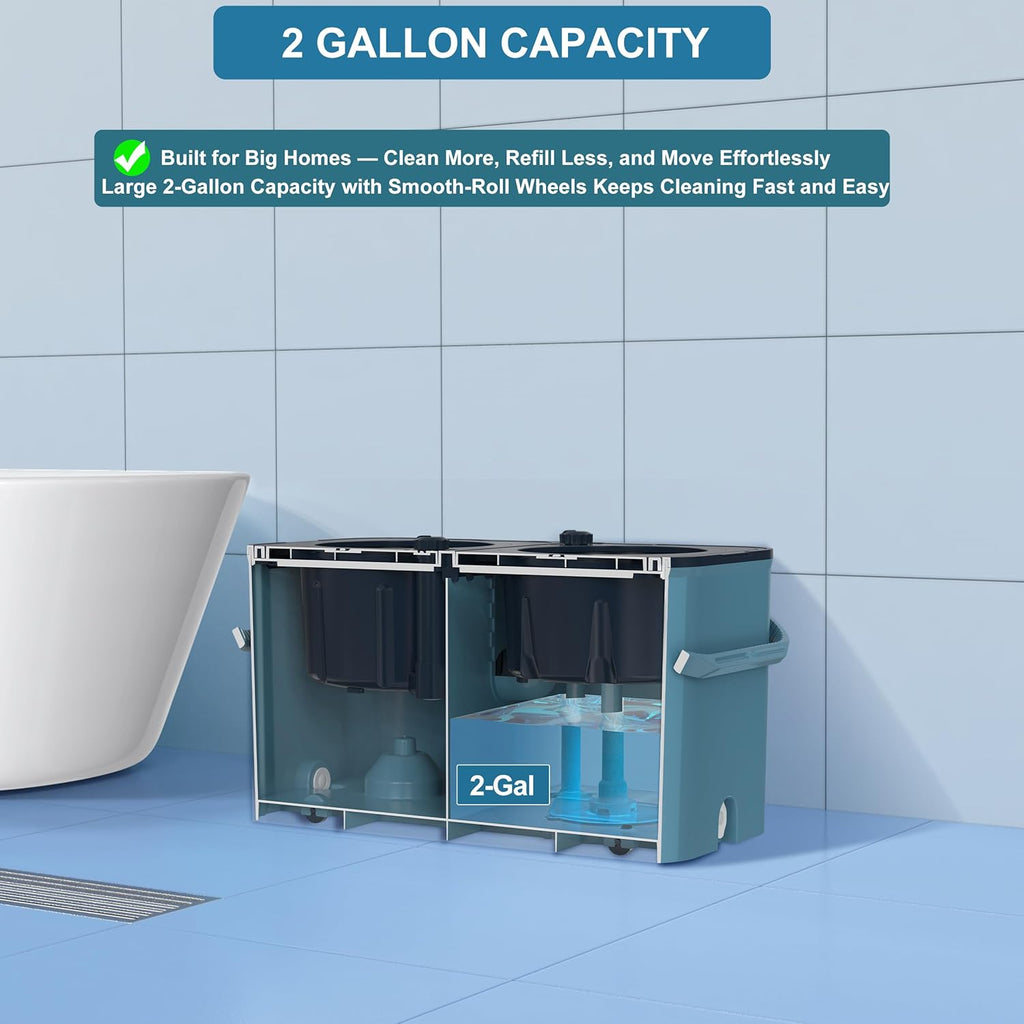 Gen 1 Large-Capacity Spin Mop and Bucket – for Big Homes & Deep Cleaning Days,4-Chamber System Separates Dirty & Clean Water, 2-GAL Heavy-Duty Design with Wheels & 6 Refill Mop Heads - Blue/Grey