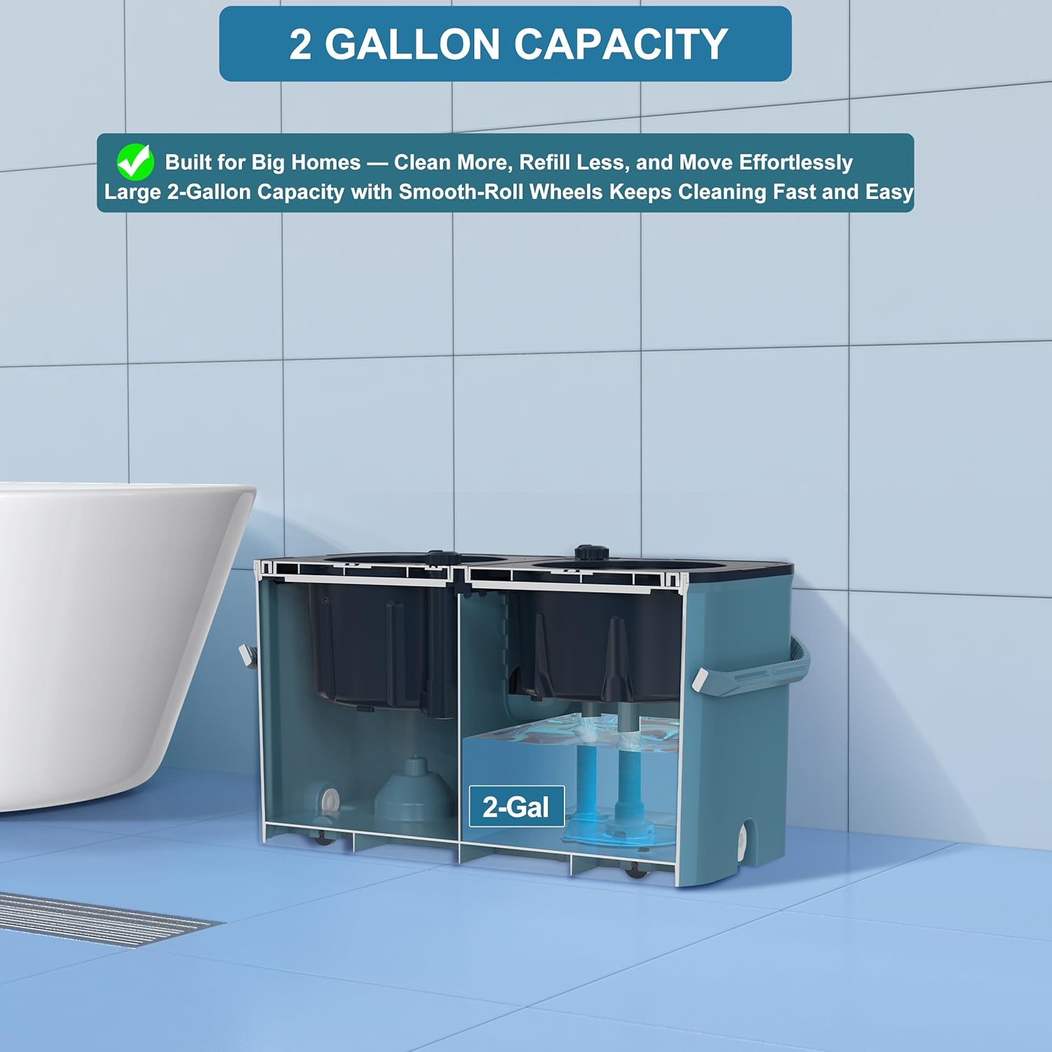 Gen 1 Large-Capacity Spin Mop and Bucket – for Big Homes & Deep Cleaning Days,4-Chamber System Separates Dirty & Clean Water, 2-GAL Heavy-Duty Design with Wheels & 6 Refill Mop Heads - Blue/Grey