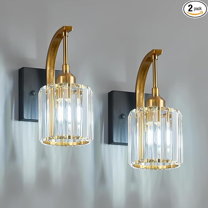 Wall Sconces, Set of 2 Black Gold Crystal Vanity Lights, Modern Wall Lamp for Bathroom, Hallway, and Makeup, Easy Installation