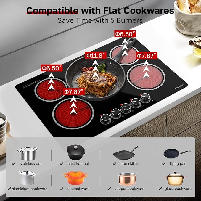ThermoMate 30 Inch Electric Cooktop, 5 Burners Knob Control Built-in Ceramic Cooktop, 30" Radiant Electric Stove Top of 9000W with 9 Heat Levels, Hot Surface Indicator, 220-240v, Hard Wired