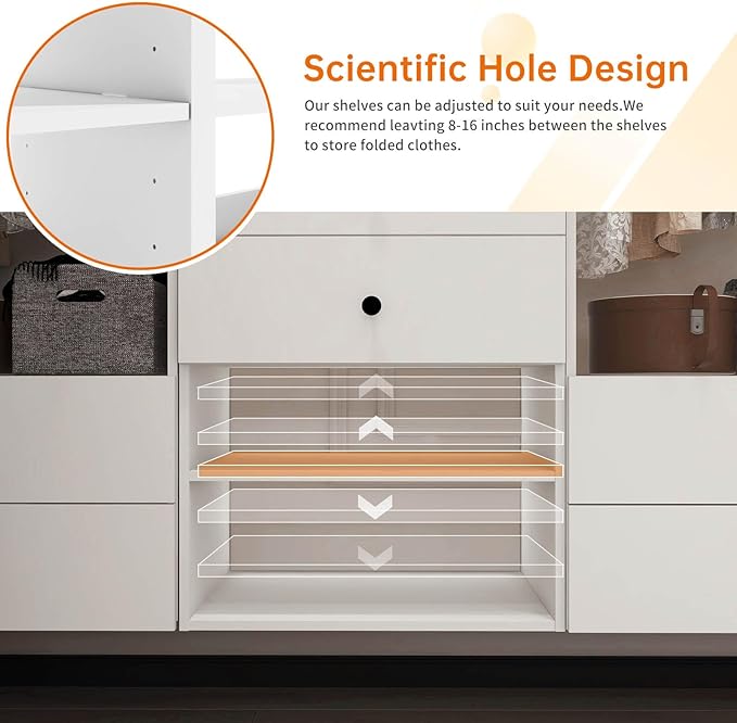 Modular Closet System: Wall Mounted Garment Rack Walk-in Closet System with Hangingrod Built in Clothes Storage with 2 Drawers for Bedroom White 23.62''L x 16.34''W x 70.87''H