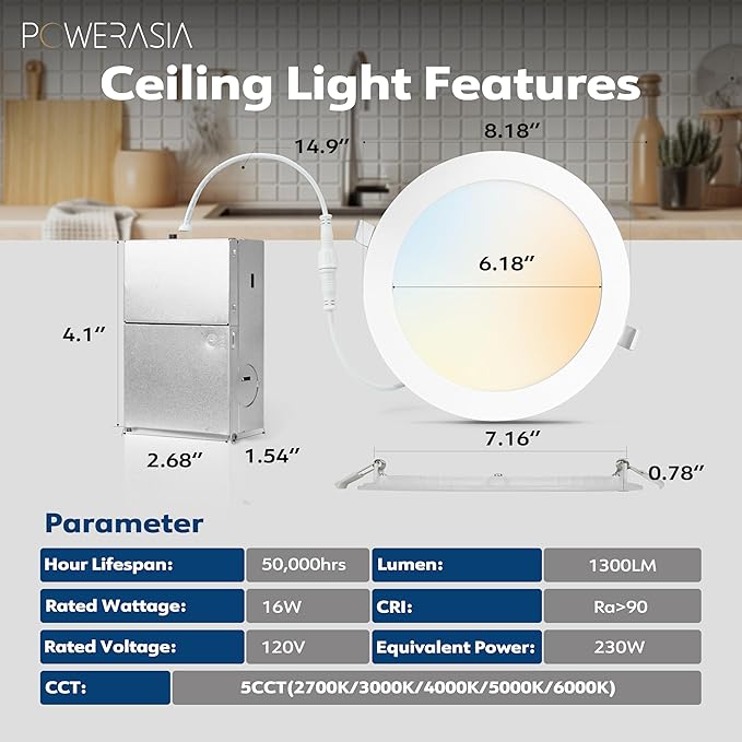 12 Pack Recessed Lighting 7 Inch with Junction Box, 5CCT 7 Inch LED Recessed Lights Dimmable 2700K/3000K/4000K/5000K/6000K, 16W 1300lm Ultra Thin Recessed Lighting - ETL and Energy Star Certified