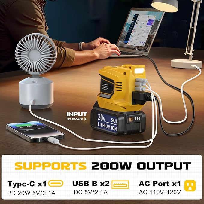 Power Inverter 200W Portable Power Station Generator Compatible with DeWALT, Ecarke Real 200W Supply Charger Adapter with Dual USB,AC Outlet and Type-C with 5Ah Battery & Charger Station Kit