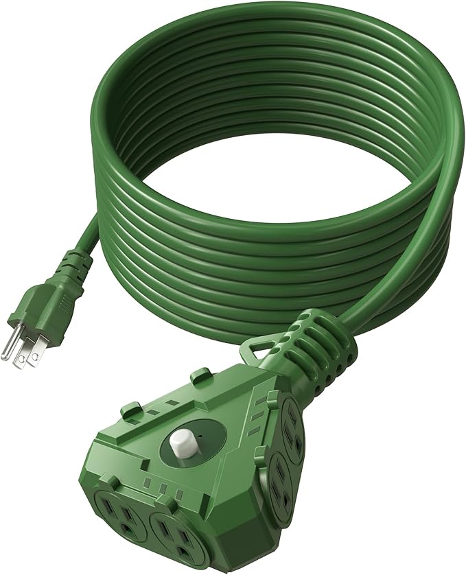 SURAIELEC Outdoor Extension Cord with 6-Outlet Power Hub Plug, 25FT 14/3 AWG SJTW Heavy-Duty Power Cord, 15A Circuit Breaker, ETL Listed, for Garage, Workshop, and Holiday Decorations, Green