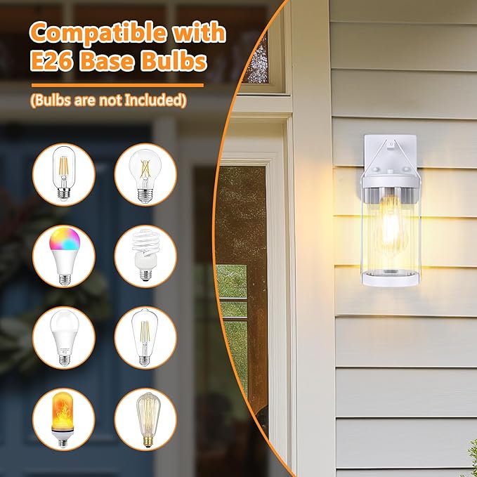 2-Pack Outdoor Light Fixtures Wall Mount, Waterproof Exterior Wall Lantern Front Porch Lights, Modern White Sconce Lighting with Clear Ribbed Glass, Outside Lights for House, Patio, Bulbs Not Included