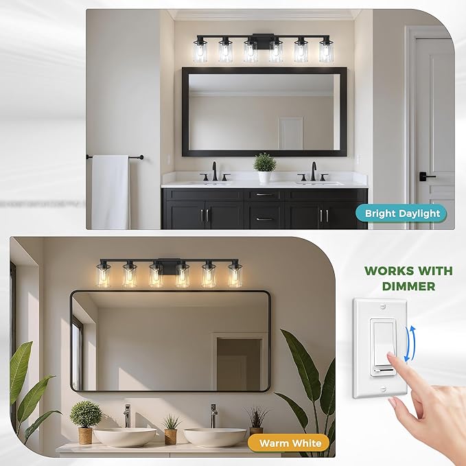 DORESshop Bathroom Light Fixtures, 6-Light Matte Black Bathroom Lighting Fixtures Over Mirror with Clear Glass Shade, Vanity Lights for Hallway Living Room Bedroom