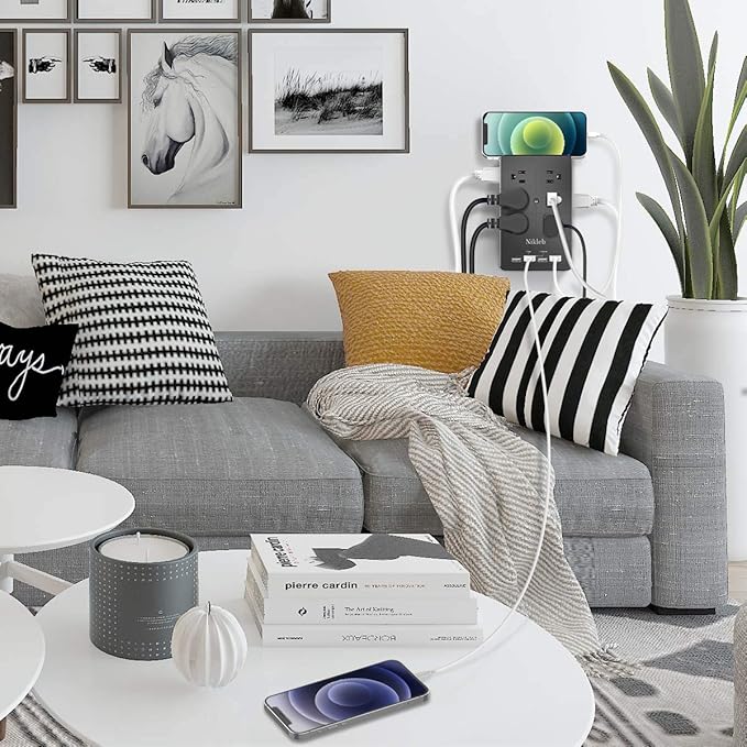 Surge Protector Nikleb, Wall Outlet with 4 USB Ports 5V 4.8A Total, 12 Multi Outlet Extender, Multiple USB Plug Adapter Wall Mount, Phone Chargier Organizer with Phone Holder, Heavy Duty