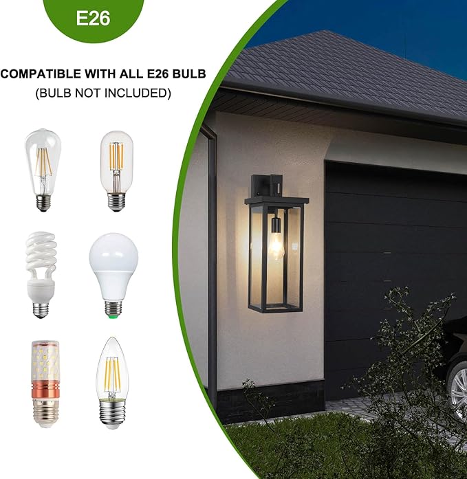 tewei Large Size Outdoor Wall Lantern Exterior Wall Light Fixture, Matte Black Porch Light Waterproof Outdoor Lights for House with Clear Glass Shade, E26 Base Wall Sconces for Garage (1 Pack)